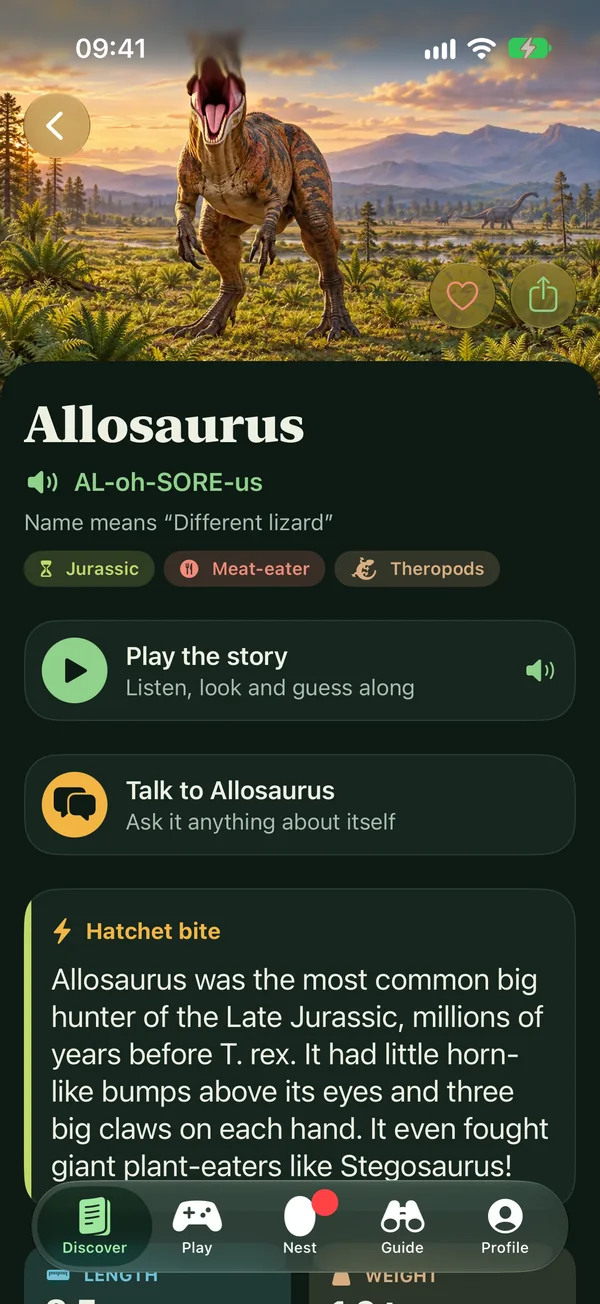 A creature page: Allosaurus, with its story and fun facts
